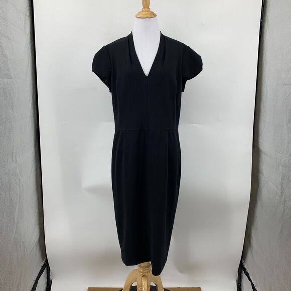 Betsey Johnson Sheath Dress Womens 14 Black Pleated Cap Sleeve V Neck Back Zip - Picture 2 of 15
